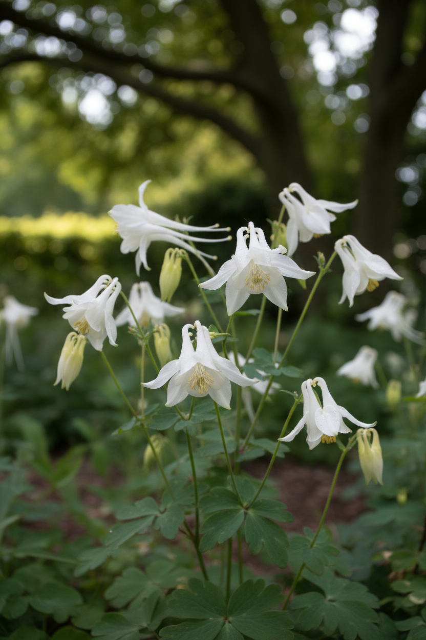 Pure white star-shaped Aquilegia caerulea Crystal White Star columbine blooms with elegant spurs nodding on slender stems in a dappled cottage garden border
