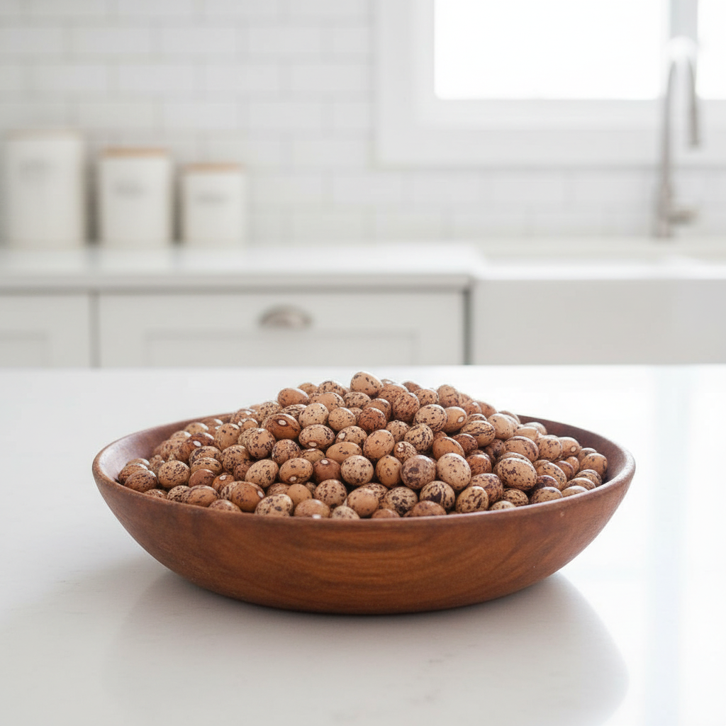 Speckled Bird Egg beans in a rustic wooden bowl on a white kitchen bench, showing their beautiful cream and brown speckled markings