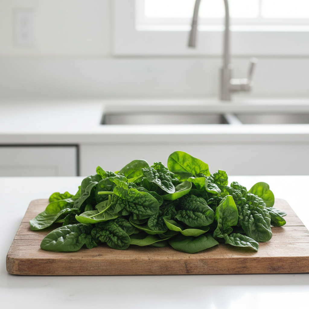 Fresh Bloomsdale spinach with savoyed dark green leaves on a rustic wooden board on a bright airy kitchen bench near a silver tap