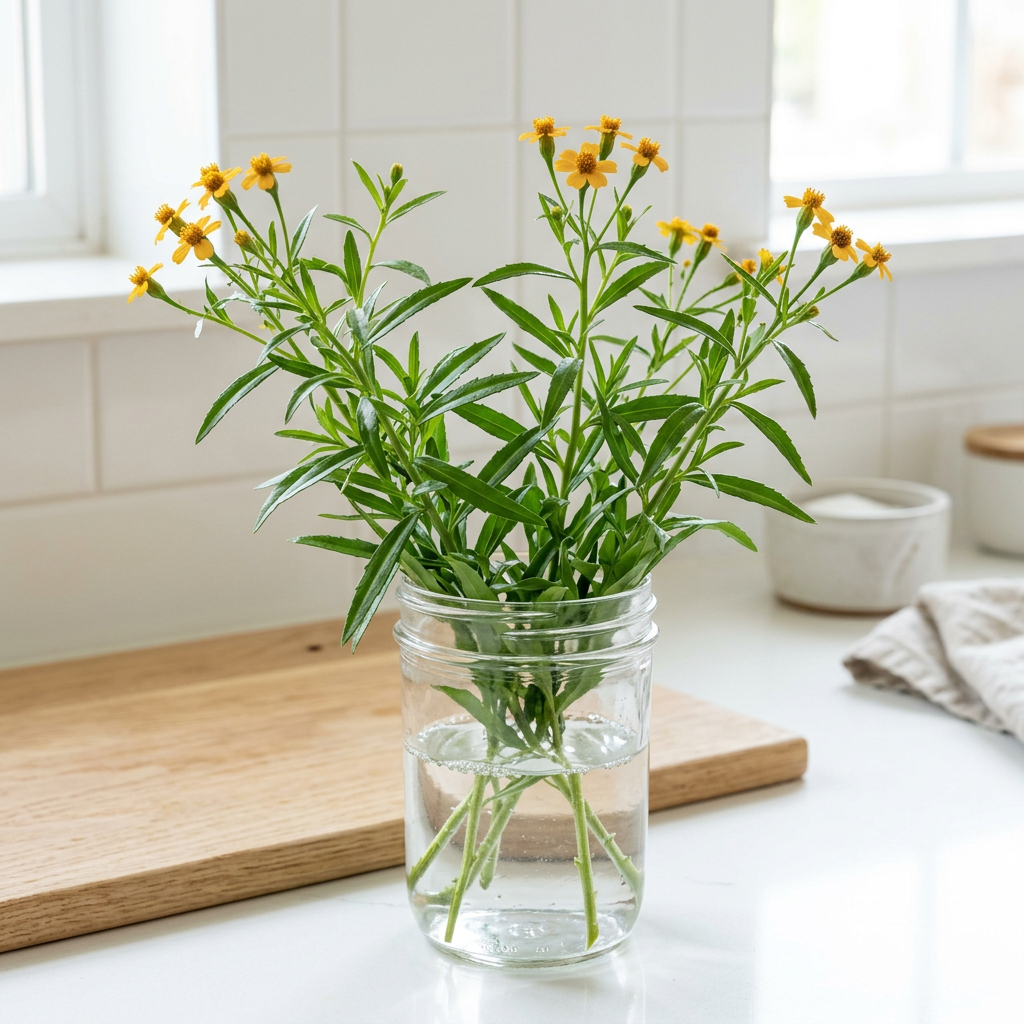 Texas tarragon sprigs with narrow green leaves and small golden yellow flowers in a bright white kitchen