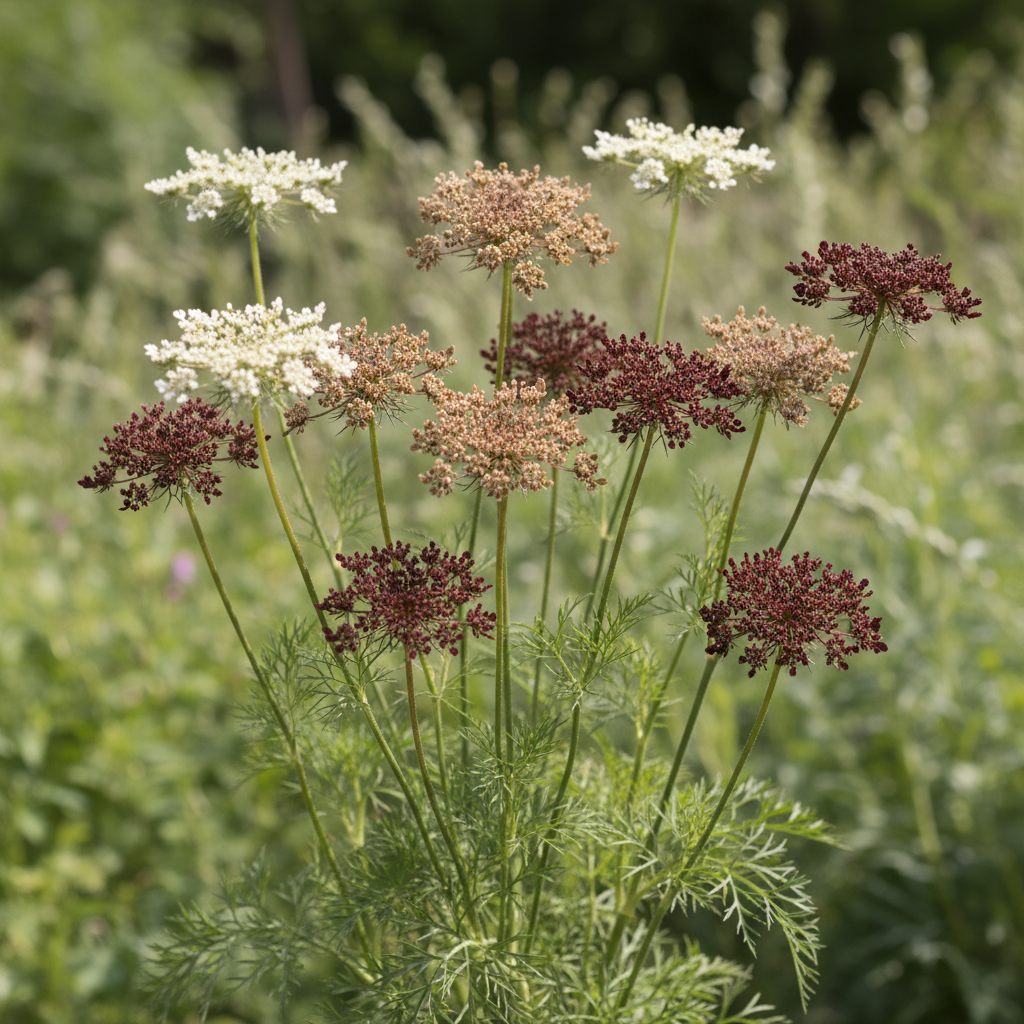 Daucus carota Chocolate Lace Flower with flat-topped lacy umbels ranging from cream to milk chocolate to deep burgundy on long slender stems with ferny green foliage