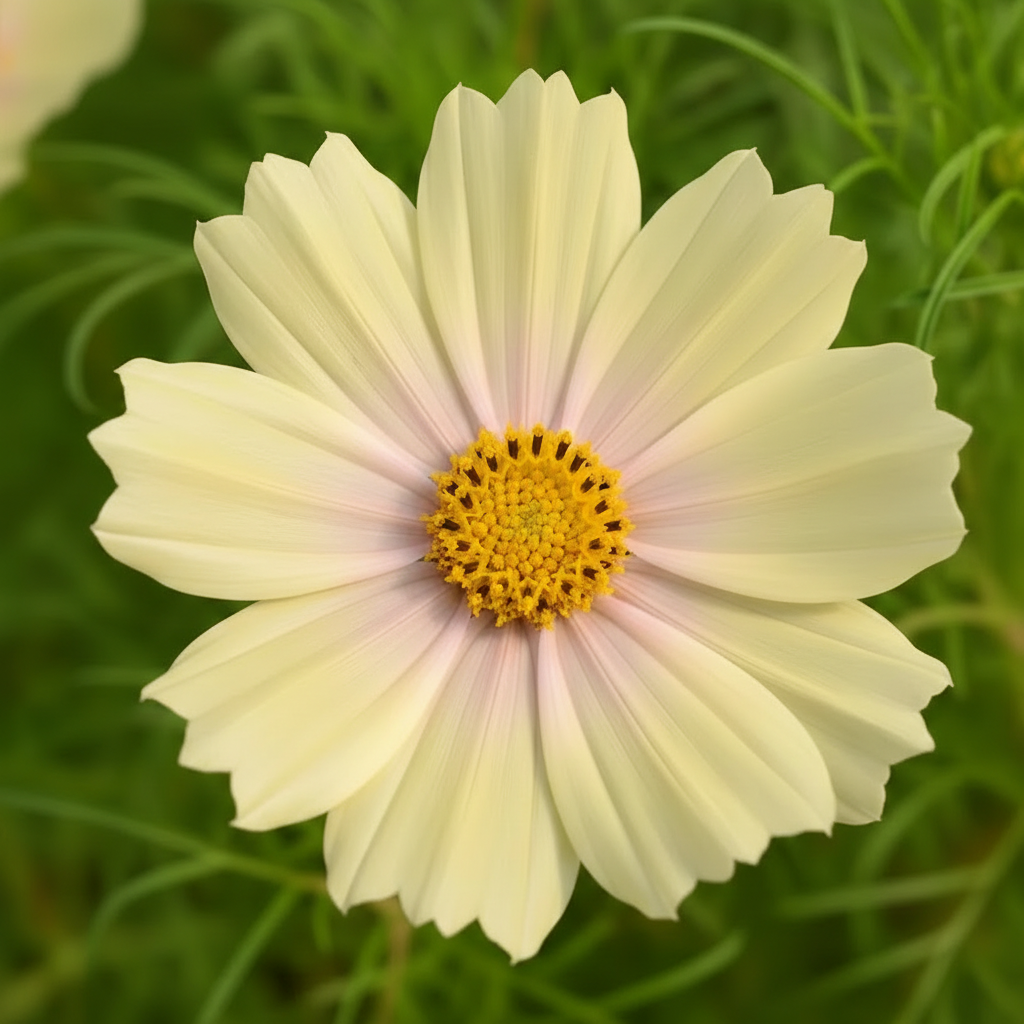 Cosmos bipinnatus Lemonade — close-up of a single bloom with 5 broad creamy pale yellow petals with blush-pink centre and golden-yellow disc