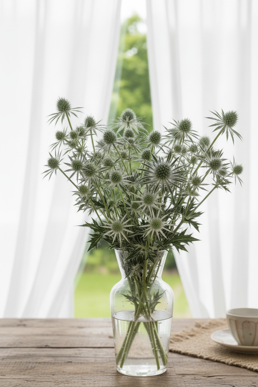 Eryngium planum Silver Salentino sea holly, 15 stems in a clear glass vase with bright natural daylight behind