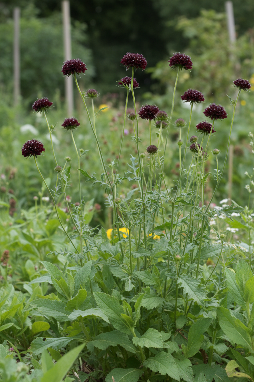 Scabiosa atropurpurea Black Knight — deep burgundy-black pincushion blooms with broad mid-green foliage in a cottage garden border