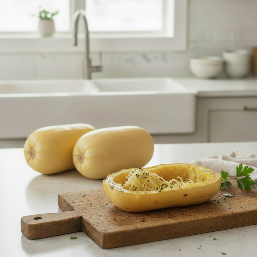 Whole spaghetti squashes on kitchen bench near silver tap with a roasted half on a wooden board showing golden spaghetti-like strands