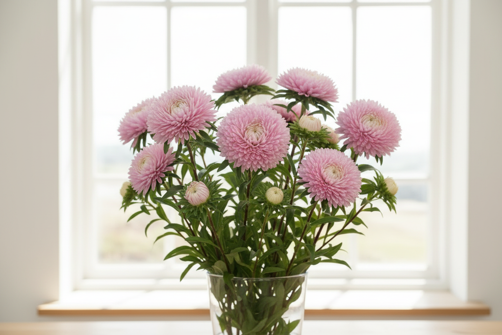 Callistephus chinensis China Aster King Size Apple Blossom — soft blush pink double blooms at various stages in bright natural window light