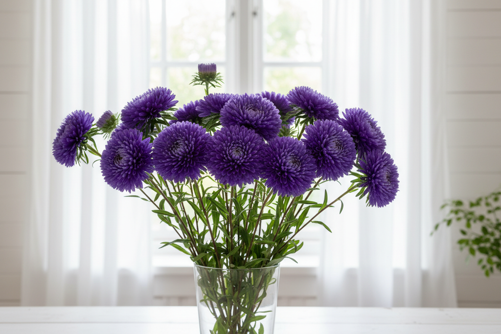 Callistephus chinensis China Aster King Size Blue — rich violet-blue double blooms at various stages in bright natural window light