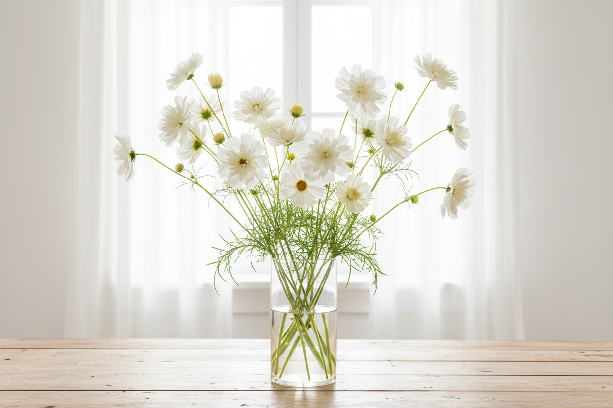 Cosmos bipinnatus Double White — pure white double ruffled blooms with buds in a clear glass vase in front of a bright window