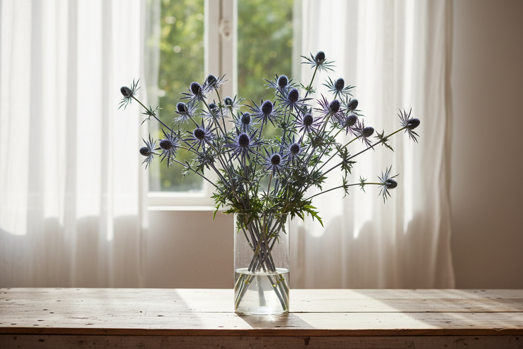 Eryngium planum blue thistle — steely blue branching stems with spiky thistle-like flower heads and metallic blue bracts in a clear glass vase in front of a bright window with white sheers