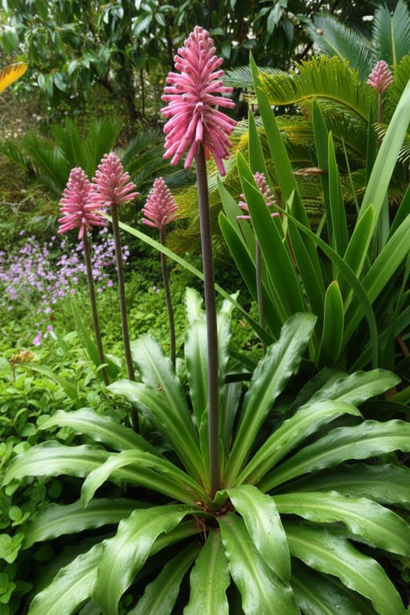 Veltheimia bracteata Forest Lily — tall dark stems topped with dense spikes of tubular bright pink flowers above a rosette of broad glossy strap-like leaves with lightly wavy margins