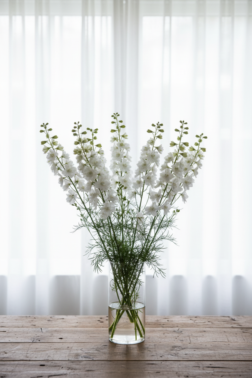 Consolida ajacis Larkspur White with slender spires of small pure white spurred florets and feathery foliage in a clear glass vase, softly backlit through long white sheer curtains