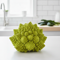 A whole Romanesco cauliflower with stunning lime green fractal spiral florets on a bright airy kitchen bench