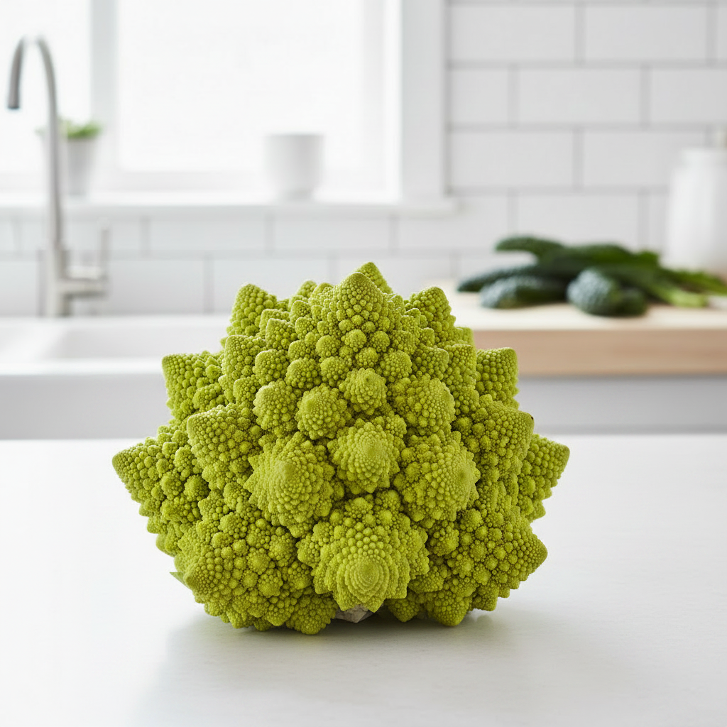 A whole Romanesco cauliflower with stunning lime green fractal spiral florets on a bright airy kitchen bench