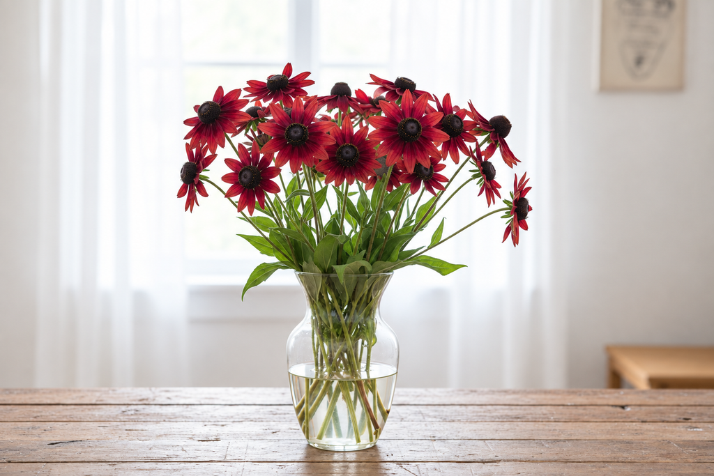 Cherry-red Rudbeckia hirta Cherry Brandy flowers with dark centres in a clear glass vase on a wooden table, in bright soft natural light.