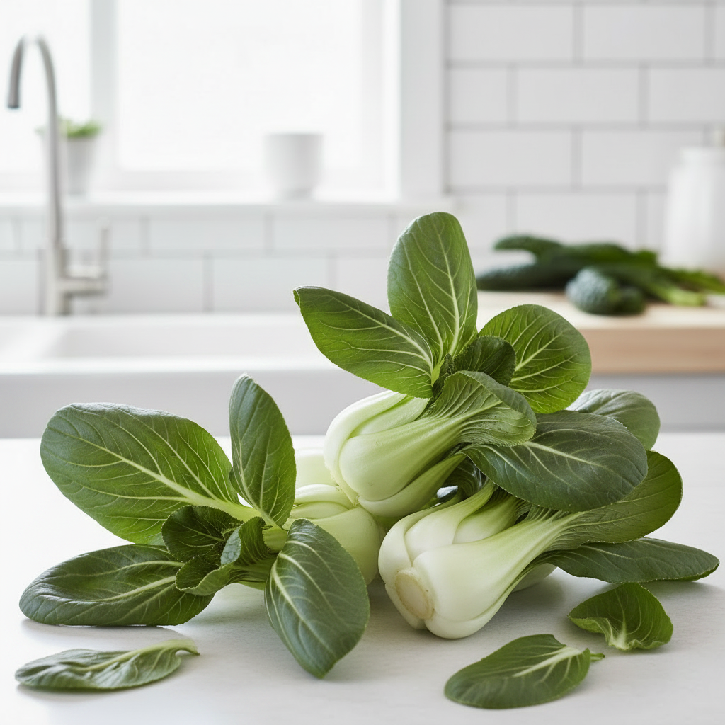 Fresh pak choi with thick crisp white stems and glossy dark green leaves on a bright airy kitchen bench