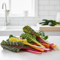 Several rainbow chard stems with vivid red, orange, yellow, pink and white stalks and glossy dark green leaves on a bright airy kitchen bench