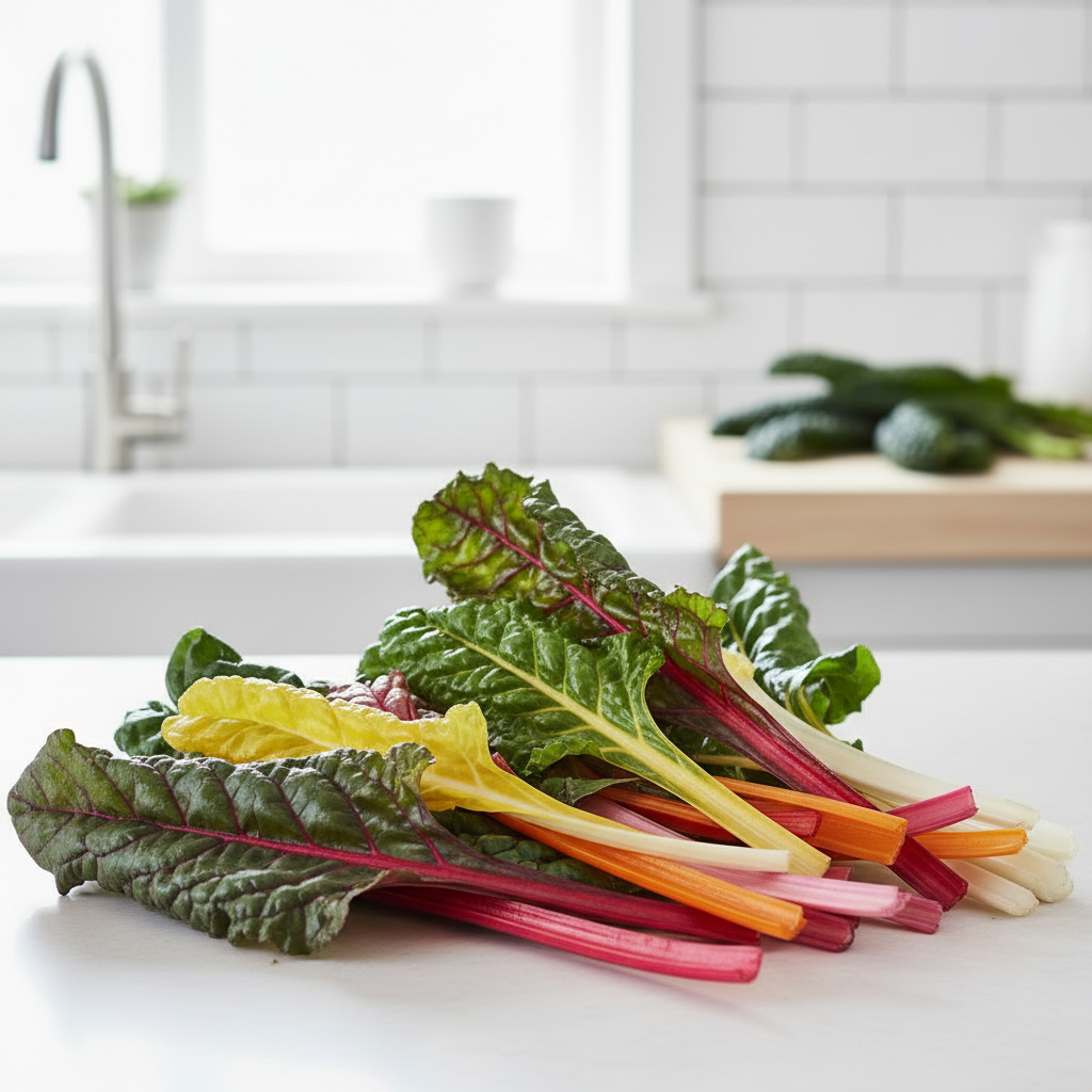 Several rainbow chard stems with vivid red, orange, yellow, pink and white stalks and glossy dark green leaves on a bright airy kitchen bench
