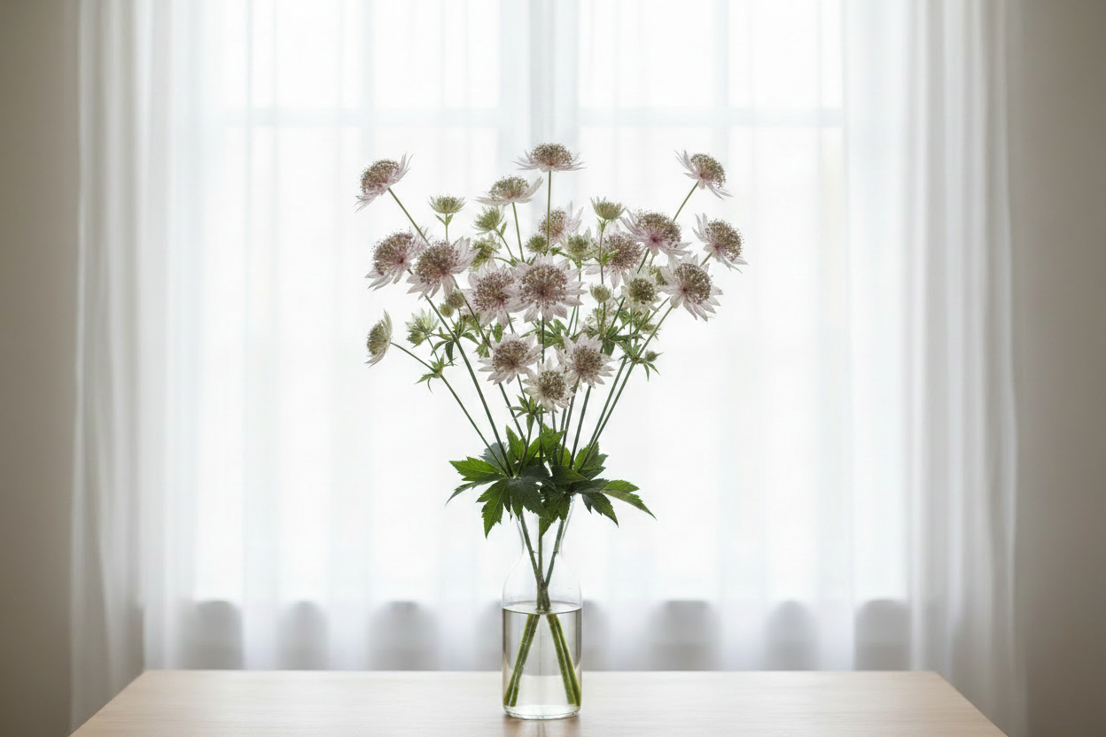 Astrantia major — abundant bunch of delicate star-shaped pincushion blooms in soft white and pale pink in a clear glass vase in front of bright white sheer curtains
