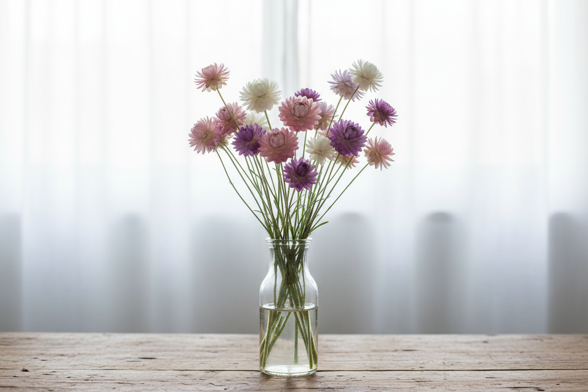 Xeranthemum Mixed Doubles papery everlasting flowers in a glass vase on a wooden table in front of white sheer curtains