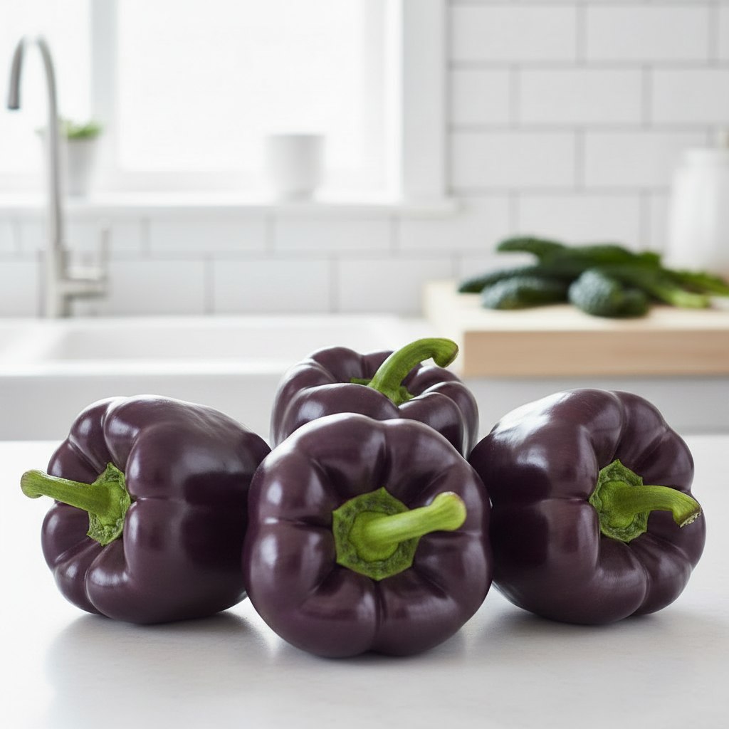 Plump glossy deep purple bell capsicums on a bright airy kitchen bench