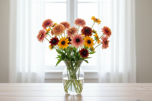 Rudbeckia hirta Sahara — tall long-stemmed cut flowers in a stunning mix of rose-pink, coral, burnt orange, golden yellow and mahogany-red with dark cones, in a clear glass vase in front of bright white sheer curtains