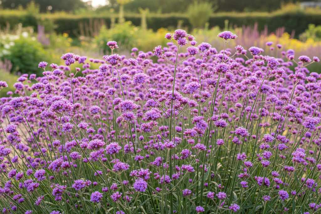 Verbena bonariensis en masse — wide drift of tall wiry branching stems with tight rounded clusters of tiny vivid purple-violet florets with deeper magenta centres forming a purple haze across a garden border