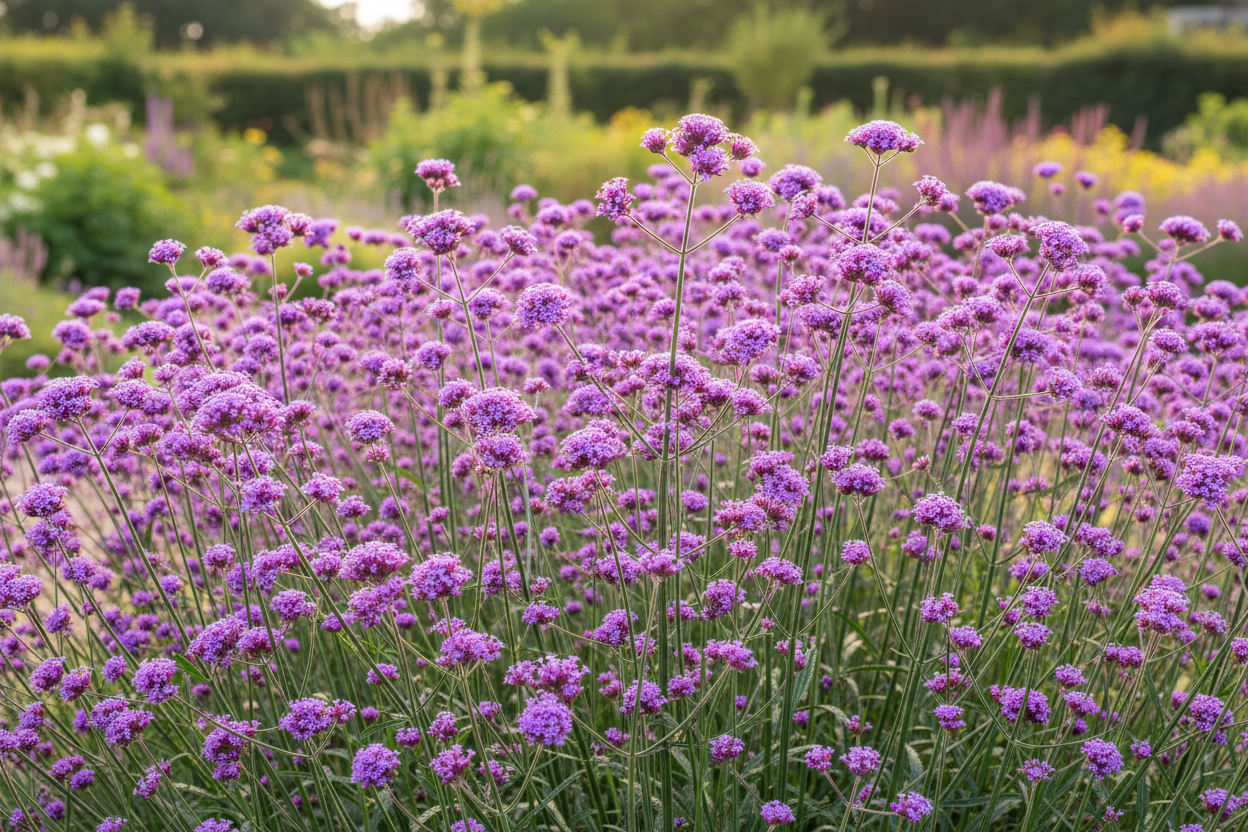Verbena bonariensis en masse — wide drift of tall wiry branching stems with tight rounded clusters of tiny vivid purple-violet florets with deeper magenta centres forming a purple haze across a garden border