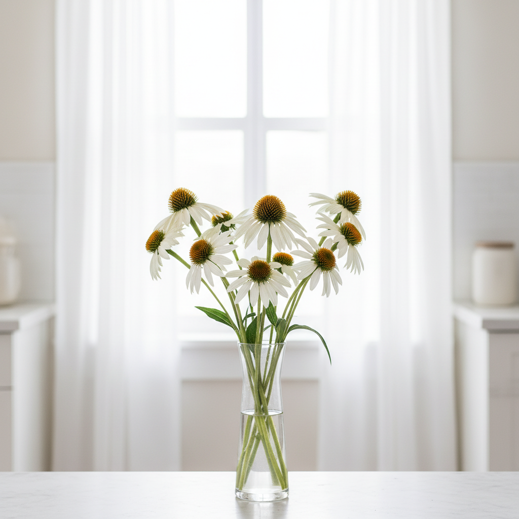 Echinacea Happy Star white coneflowers in a glass vase in front of white sheer curtains