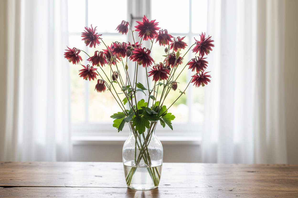 Aquilegia vulgaris Bordeaux Barlow — fully double crimson-burgundy star-like columbine blooms nodding on slender stems in a clear glass vase in front of a bright window with white sheers