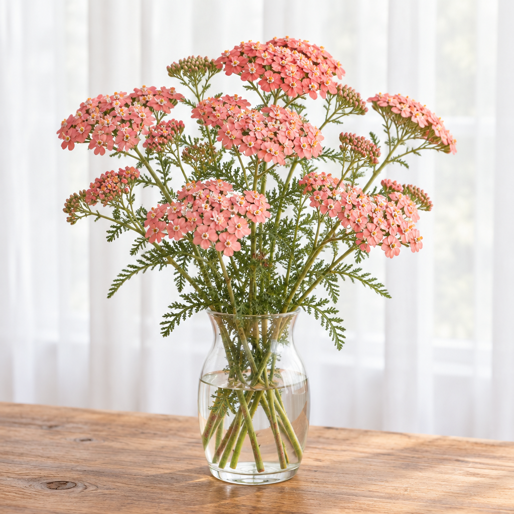 Salmon-pink Yarrow Autumn Sunrise flower clusters arranged in a clear glass vase on a wooden table