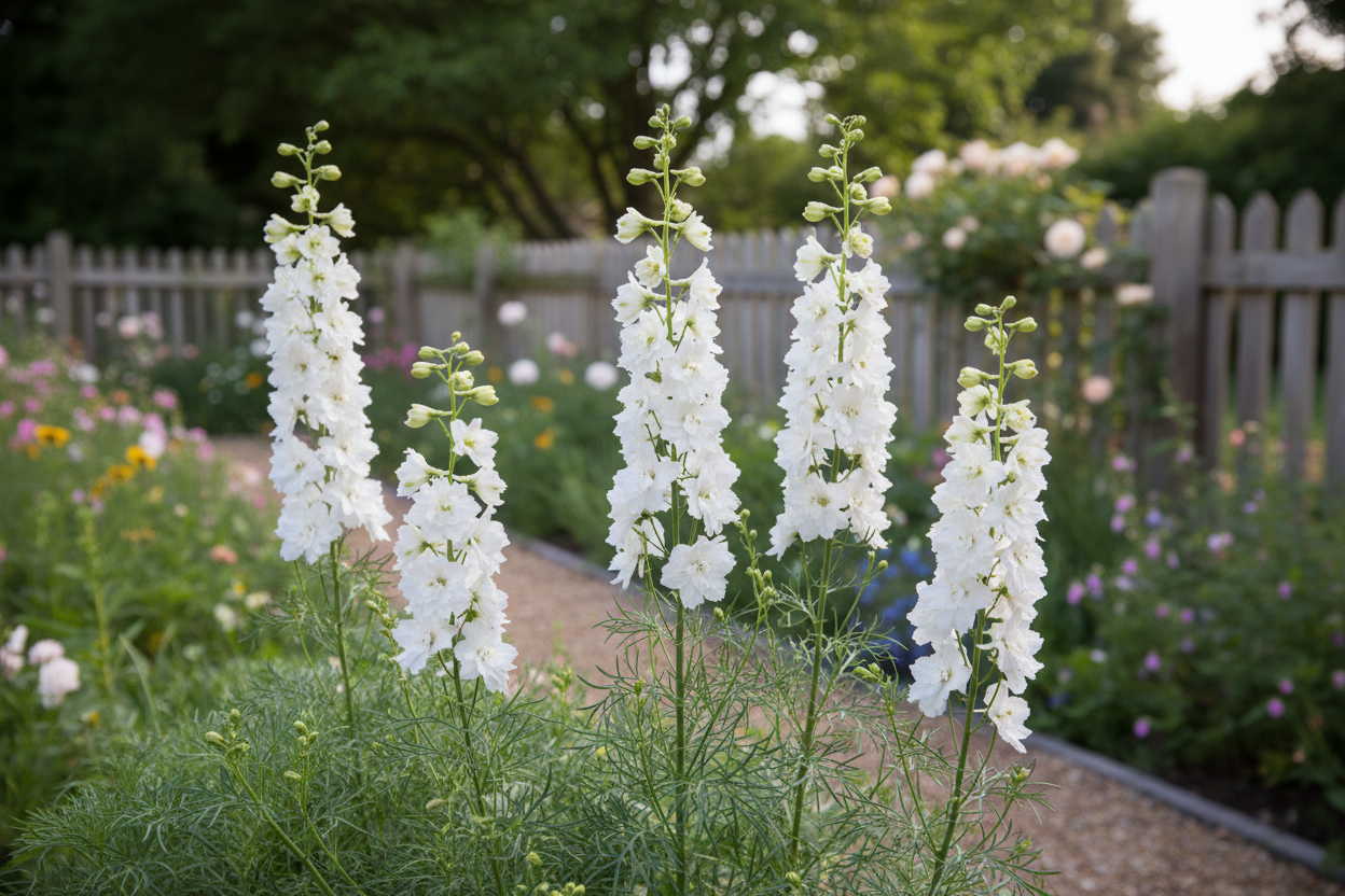 Larkspur White — Consolida ajacis white larkspur in a cottage garden