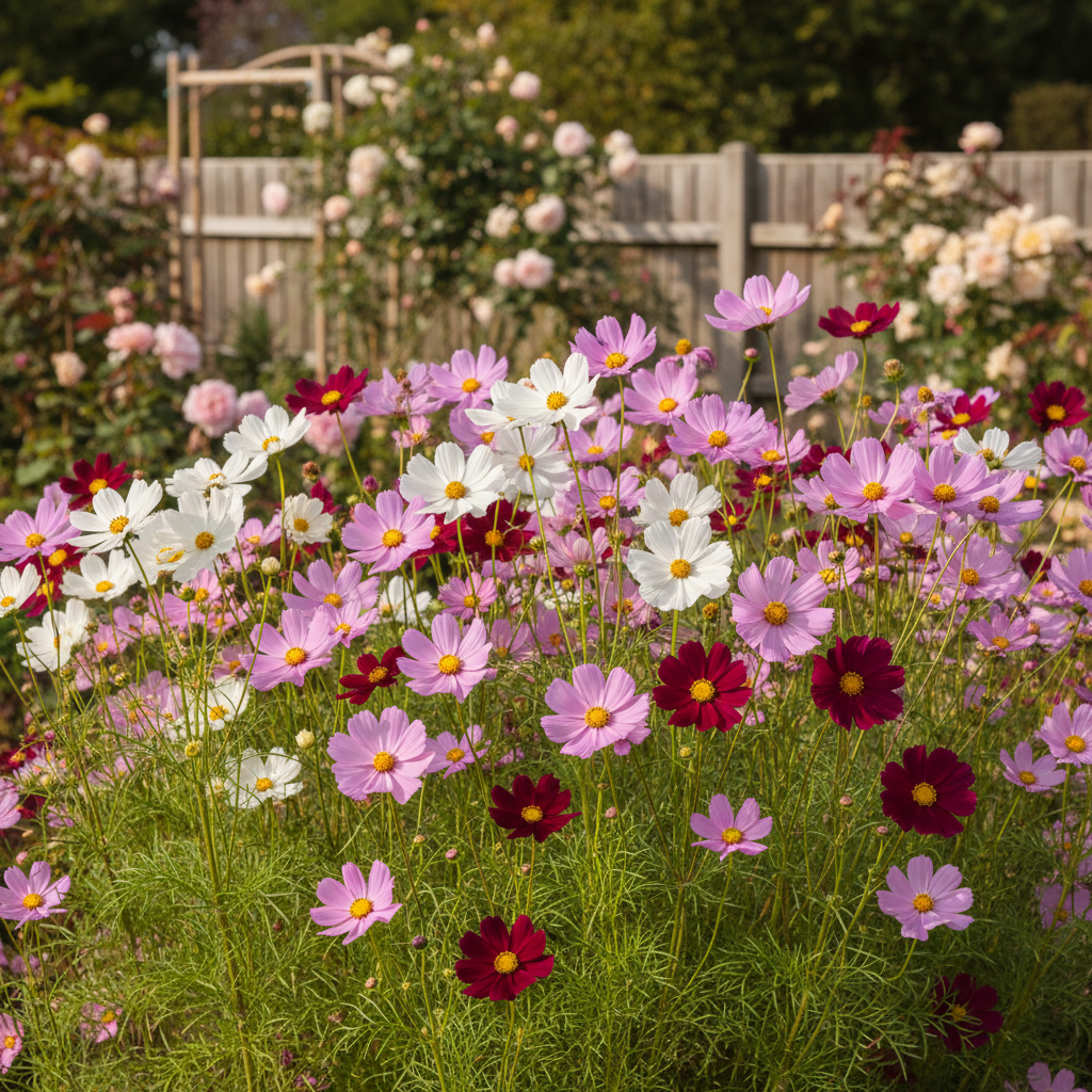 Cosmos bipinnatus Sonata Mixed with large blooms in white, pink, rose and crimson on strong upright stems in a compact cottage garden border