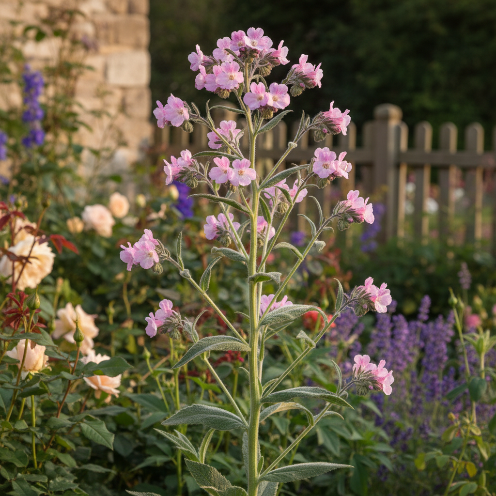 Cynoglossum amabile Pink Chinese Forget-me-not with soft pink funnel-shaped flowers on tall upright stems with grey-green hairy foliage