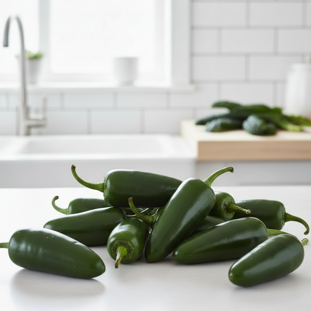 Plump glossy dark green jalapeño chillies with stems on a bright airy kitchen bench