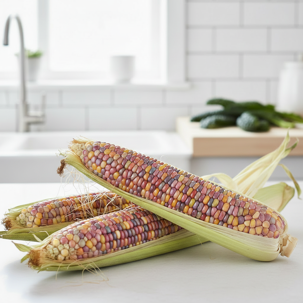 Three Glass Gem corn cobs with jewel-like rainbow kernels and husks partially peeled back, on a bright airy kitchen bench