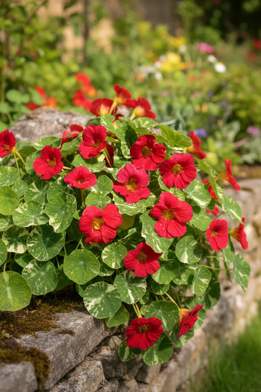 Tropaeolum majus Alaska Raspberry — raspberry-pink blooms nestled among distinctive creamy-white variegated foliage in a cottage garden border
