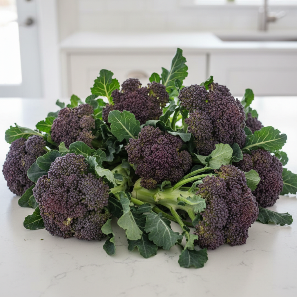 Fresh purple sprouting broccoli on a bright kitchen bench