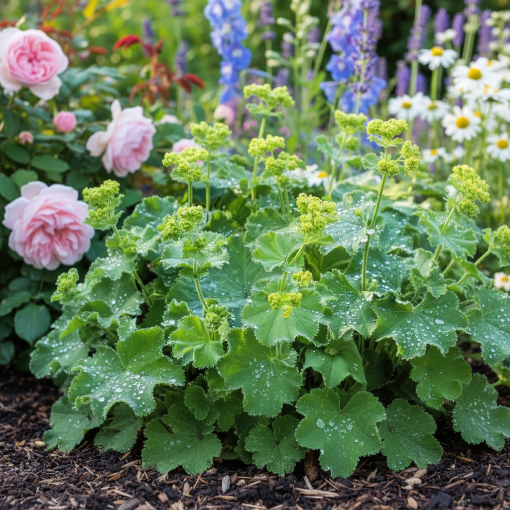 Lady's Mantle Alchemilla vulgaris with scalloped leaves covered in sparkling dewdrops and frothy chartreuse-yellow flowers in a cottage garden