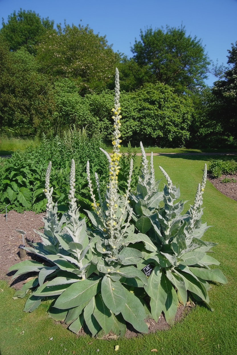 Verbascum thapsus Common Mullein — large silver-grey felted leaf rosettes with tall thin upright flower spikes bearing leaves whorling up the stem and bright yellow flowers at the top