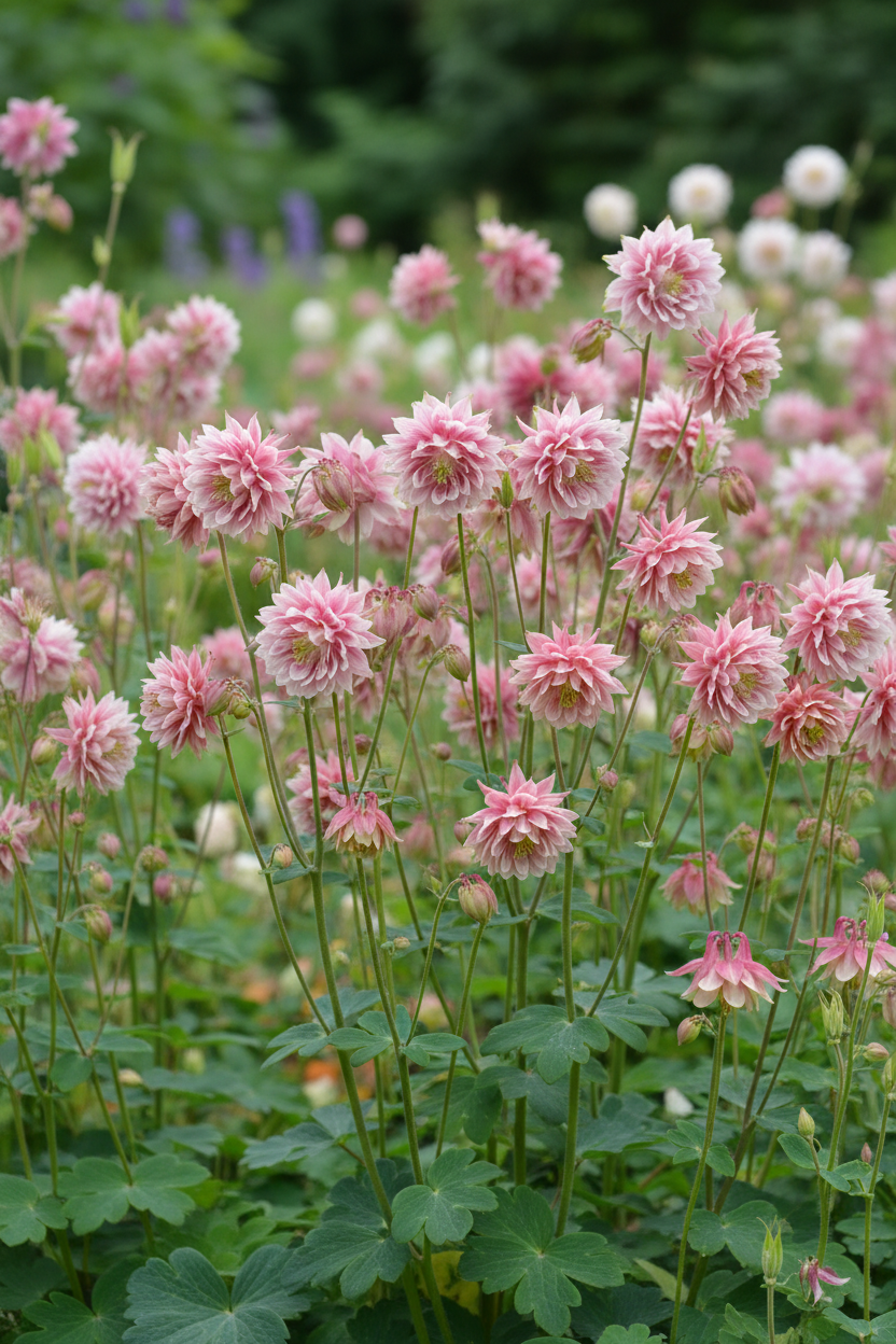 Aquilegia vulgaris Nora Barlow — double pompom columbine blooms in pink, rose and cream growing in a cottage garden border