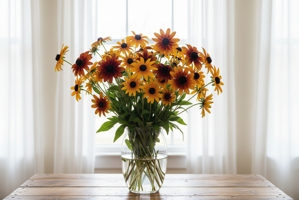 Rudbeckia hirta black-eyed Susan — tall long-stemmed cut flowers in rich autumn tones of mahogany, burnt orange, golden yellow and russet in a clear glass vase in front of bright white sheer curtains