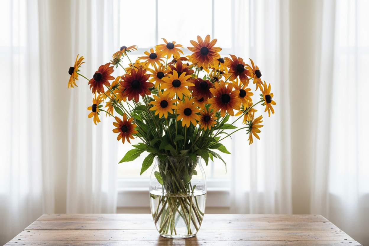 Rudbeckia hirta black-eyed Susan — tall long-stemmed cut flowers in rich autumn tones of mahogany, burnt orange, golden yellow and russet in a clear glass vase in front of bright white sheer curtains