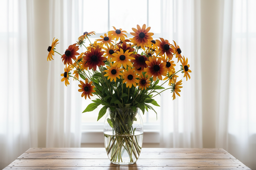 Rudbeckia hirta black-eyed Susan — tall long-stemmed cut flowers in rich autumn tones of mahogany, burnt orange, golden yellow and russet in a clear glass vase in front of bright white sheer curtains