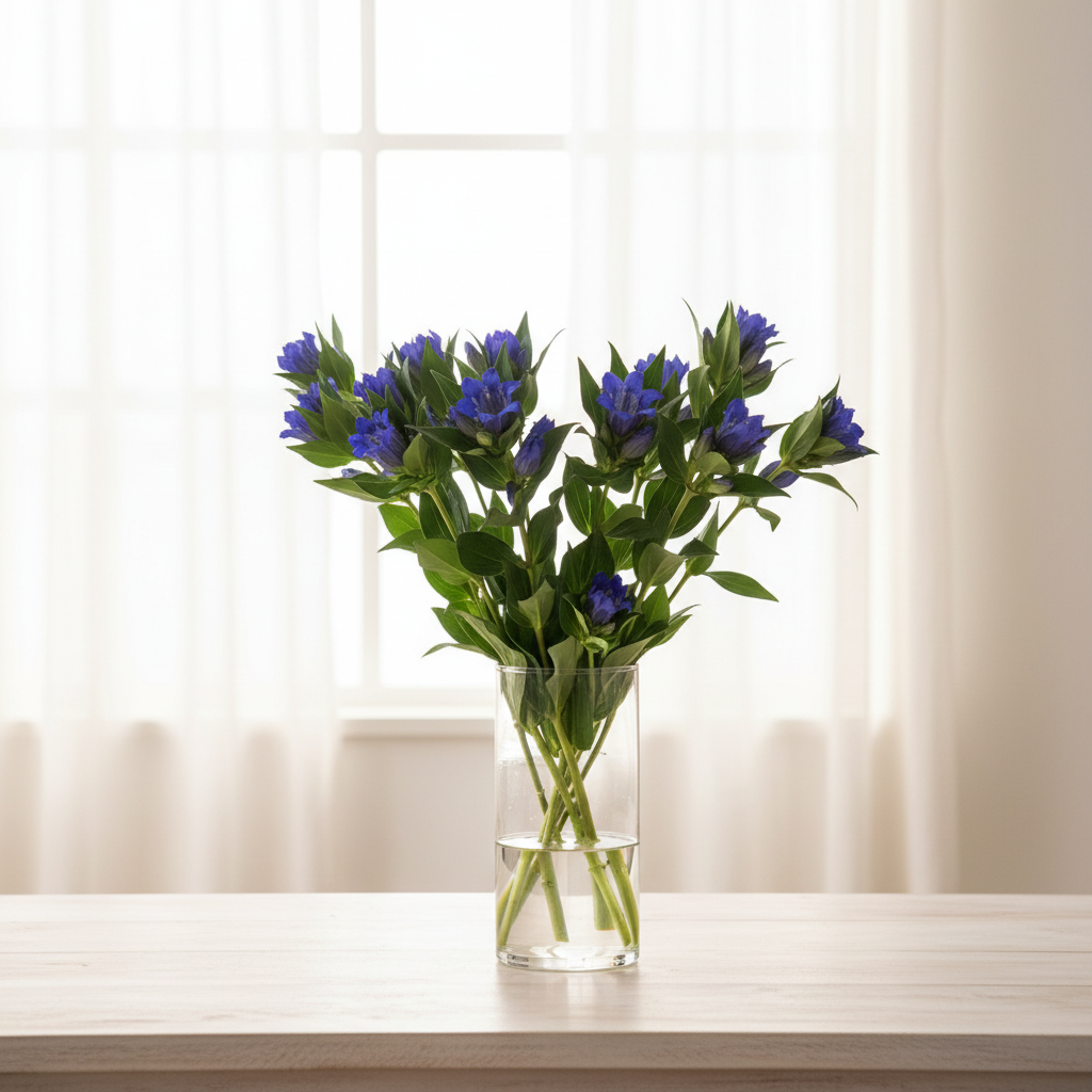 Gentiana makinoi Royal Blue stems in a glass vase on a wooden table in front of white sheer curtains