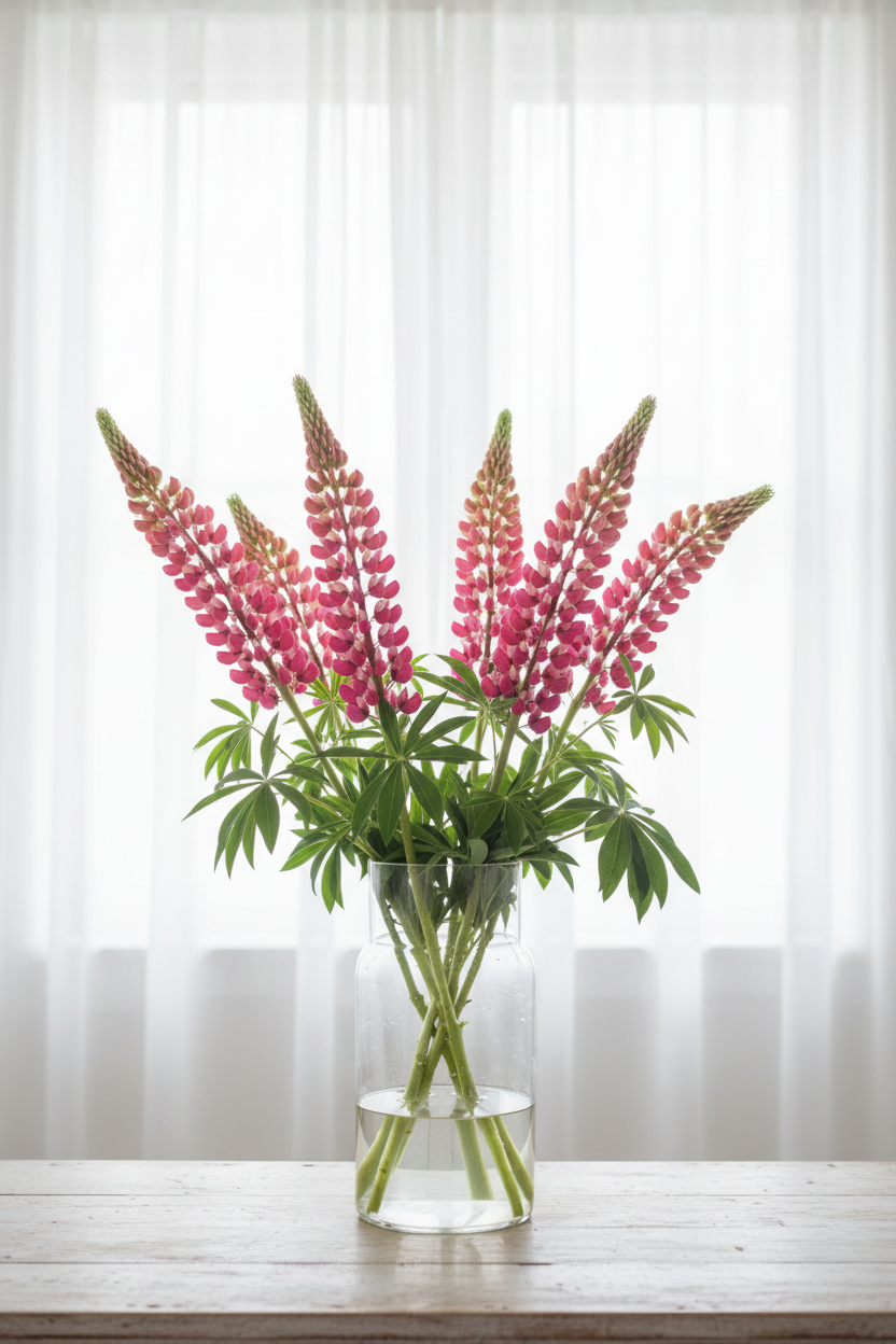 Lupinus polyphyllus The Chatelaine — tall rose-pink and white bicolour lupin spikes in a clear glass vase with soft backlit white sheers