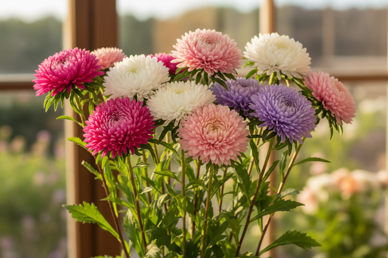 Callistephus chinensis Aster Bonita Mix — fully double blooms in bright pink, rose, white, lavender, and apricot on upright stems