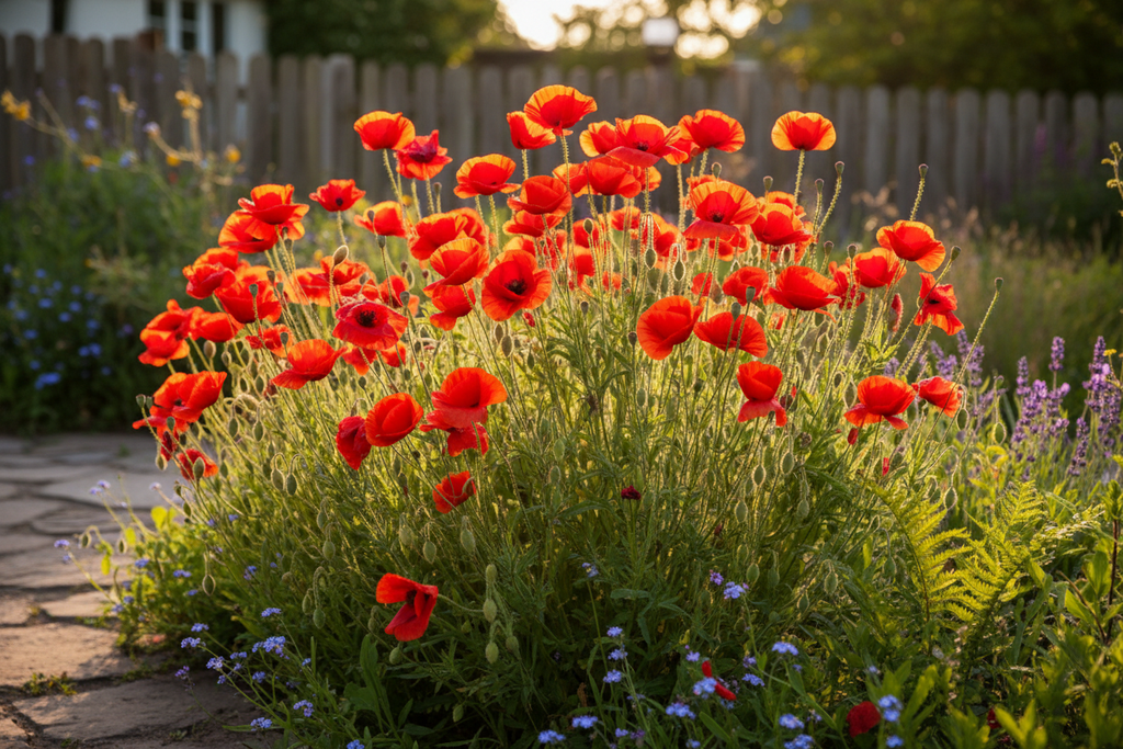 Red Flanders poppies growing in a cottage garden setting, approximately 50 plants in full bloom