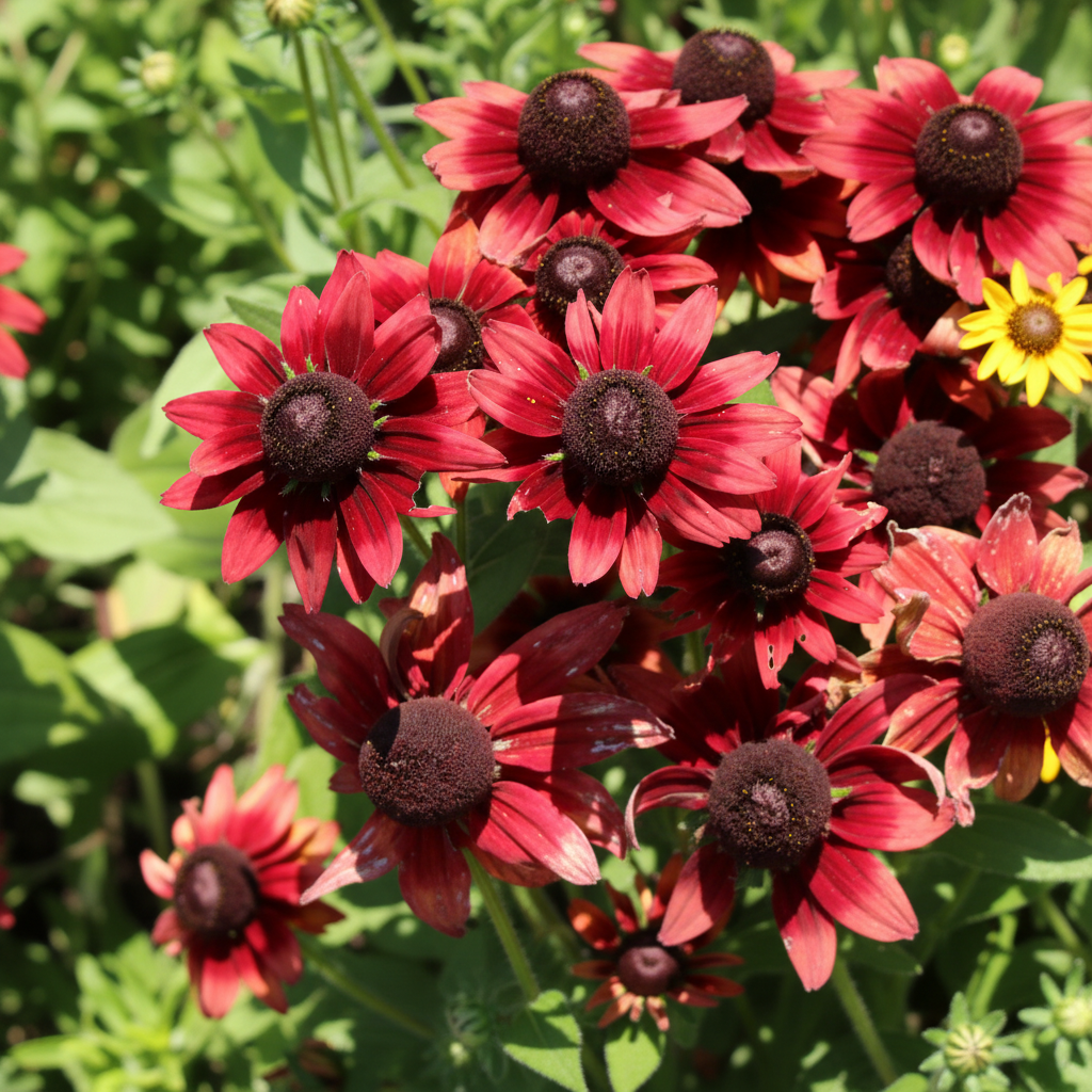 Rudbeckia hirta Cherry Brandy — deep crimson-red flowers with very dark domed central cones