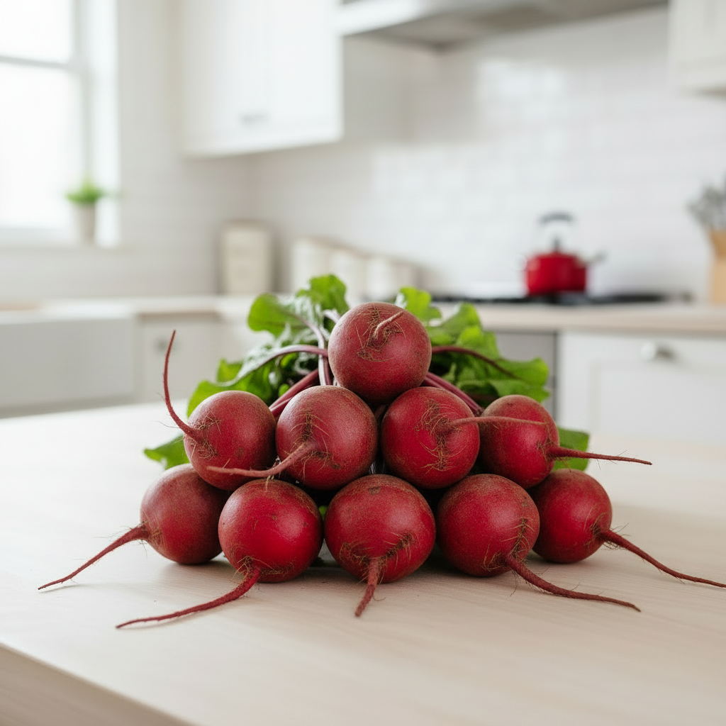 Fresh Bonny Baby Beets on a bright kitchen bench