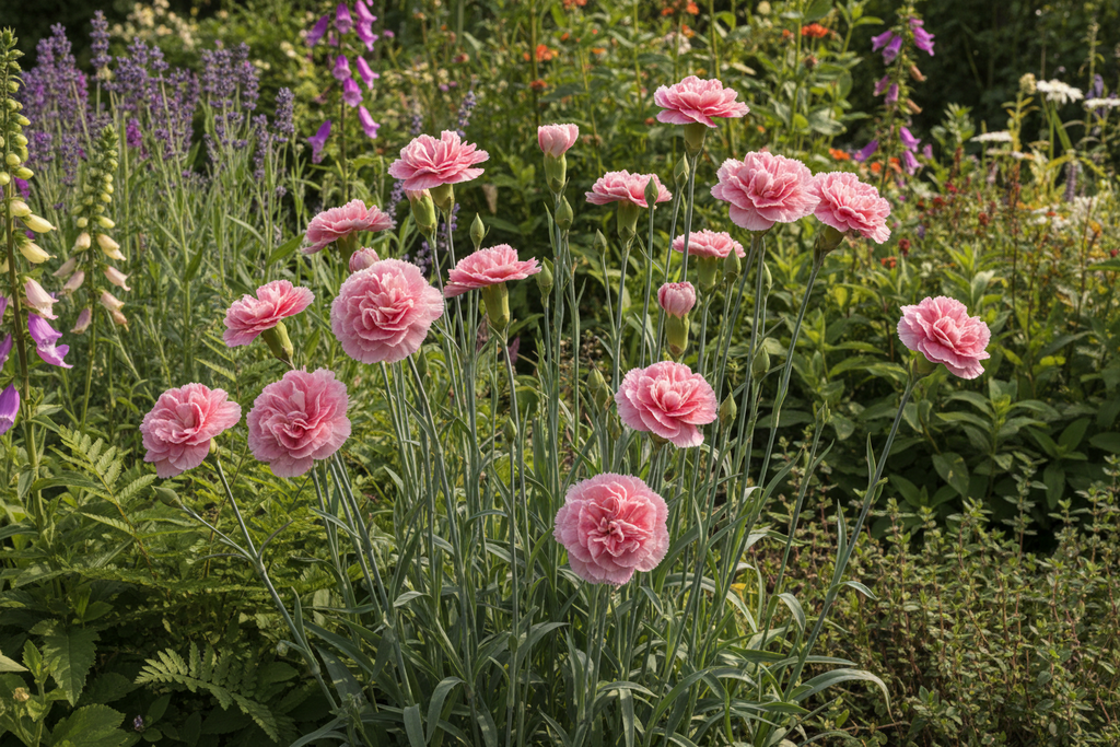 Dianthus caryophyllus Chabaud La France — soft rose-pink ruffled carnation blooms and buds growing in a cottage garden border